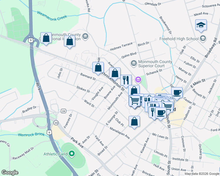 map of restaurants, bars, coffee shops, grocery stores, and more near 2 Vought Avenue in Freehold