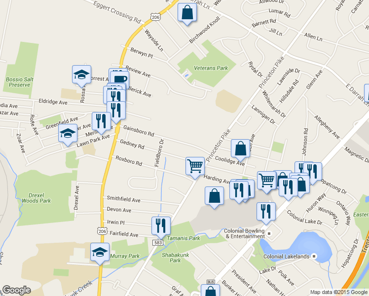 map of restaurants, bars, coffee shops, grocery stores, and more near 25 Gainsboro Road in Lawrence Township