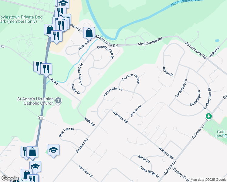 map of restaurants, bars, coffee shops, grocery stores, and more near 2265 Forest Glen Drive in Warrington