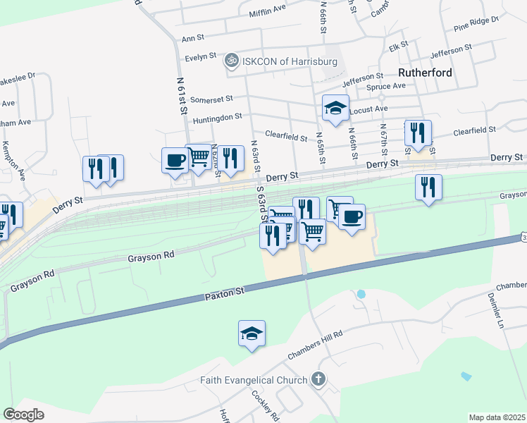 map of restaurants, bars, coffee shops, grocery stores, and more near 138 South 63rd Street in Harrisburg