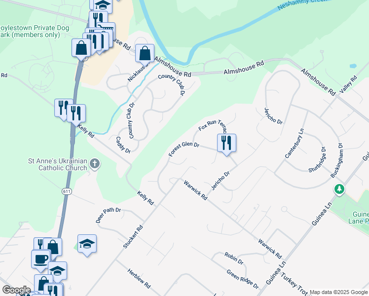 map of restaurants, bars, coffee shops, grocery stores, and more near 2265 Forest Glen Drive in Warrington