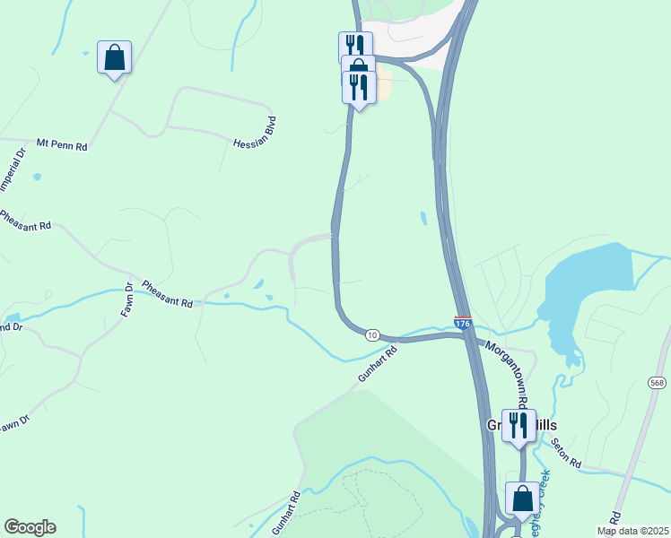 map of restaurants, bars, coffee shops, grocery stores, and more near Morgantown Road in Reading