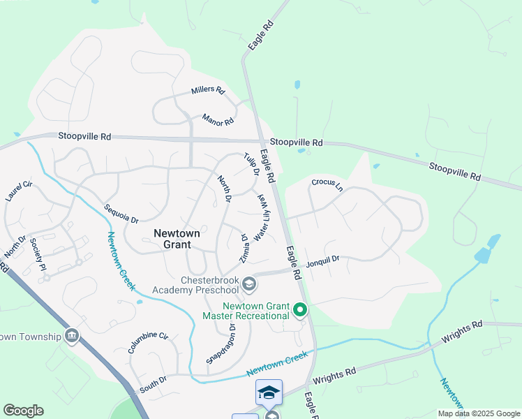 map of restaurants, bars, coffee shops, grocery stores, and more near 17 Water Lily Way in Newtown