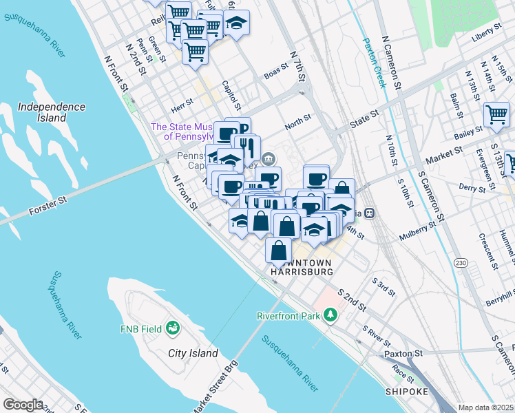 map of restaurants, bars, coffee shops, grocery stores, and more near 214 Pine Street in Harrisburg