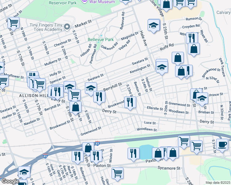 map of restaurants, bars, coffee shops, grocery stores, and more near 515 South 22nd Street in Harrisburg