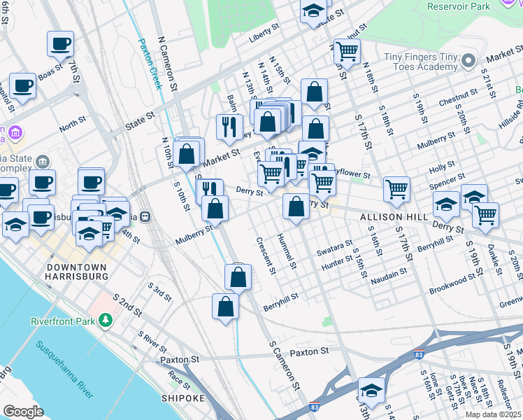 map of restaurants, bars, coffee shops, grocery stores, and more near 1223 Mulberry Street in Harrisburg