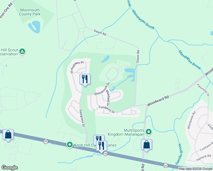 map of restaurants, bars, coffee shops, grocery stores, and more near 99 Shinnecock Drive in Manalapan Township