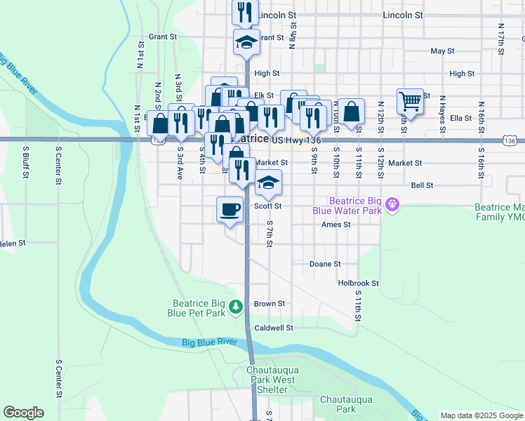 map of restaurants, bars, coffee shops, grocery stores, and more near 323 South 7th Street in Beatrice
