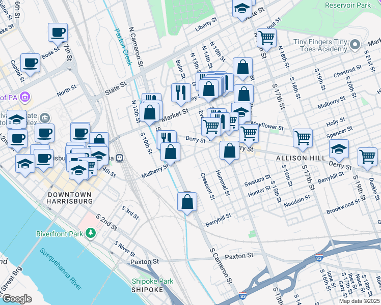 map of restaurants, bars, coffee shops, grocery stores, and more near 1164 Mulberry Street in Harrisburg