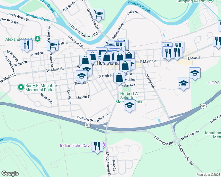 map of restaurants, bars, coffee shops, grocery stores, and more near 161 South Railroad Street in Hummelstown