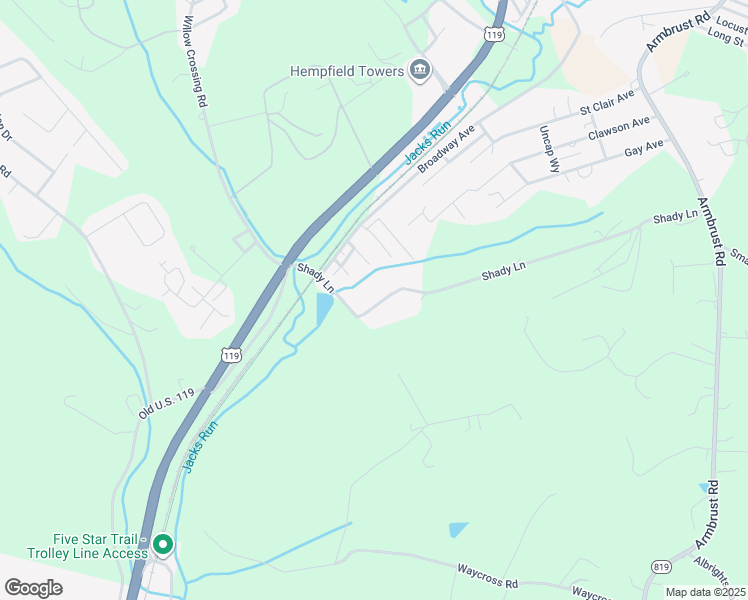 map of restaurants, bars, coffee shops, grocery stores, and more near 153 Shady Lane in Greensburg