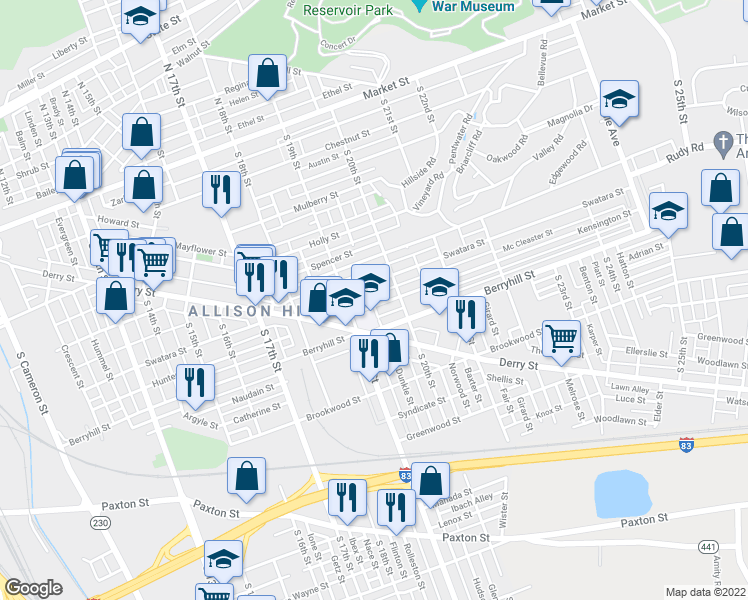 map of restaurants, bars, coffee shops, grocery stores, and more near 1926 Kensington Street in Harrisburg