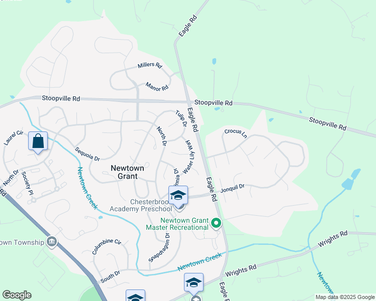 map of restaurants, bars, coffee shops, grocery stores, and more near 17 Water Lily Way in Newtown