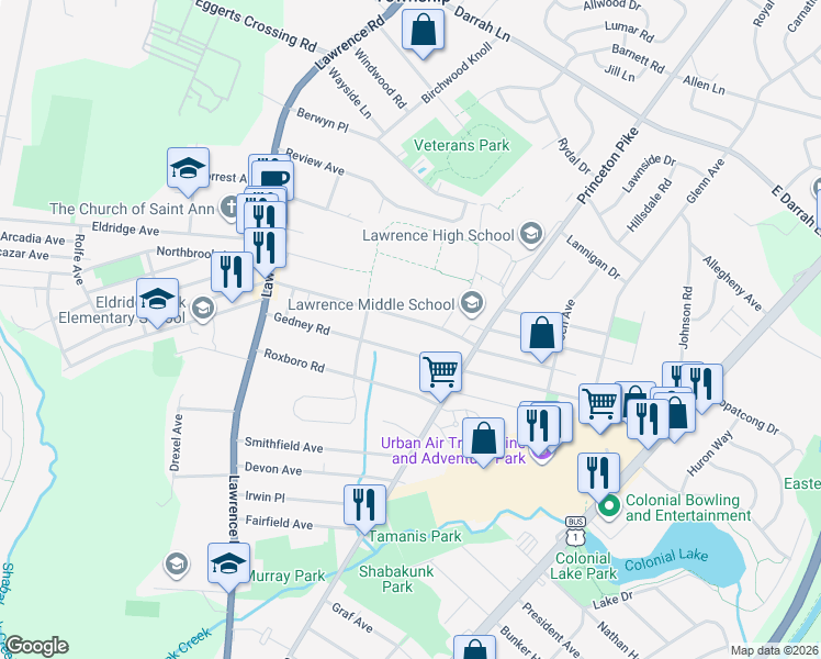 map of restaurants, bars, coffee shops, grocery stores, and more near 25 Gainsboro Road in Lawrence Township