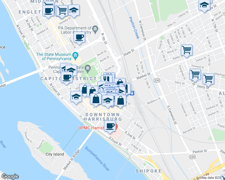 map of restaurants, bars, coffee shops, grocery stores, and more near 15 North 4th Street in Harrisburg