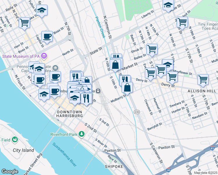 map of restaurants, bars, coffee shops, grocery stores, and more near in Harrisburg