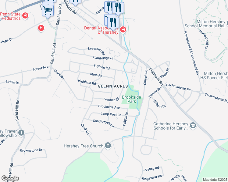 map of restaurants, bars, coffee shops, grocery stores, and more near 421 Carlton Road in Hershey