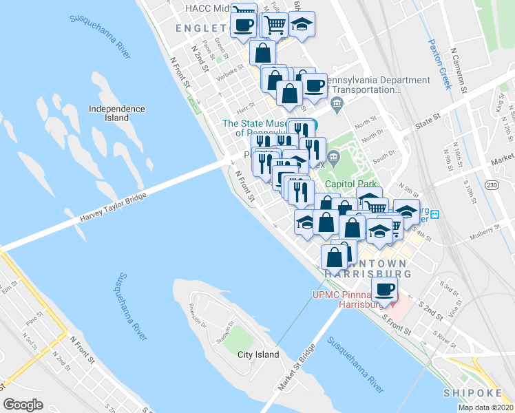 map of restaurants, bars, coffee shops, grocery stores, and more near 522 North Front Street in Harrisburg