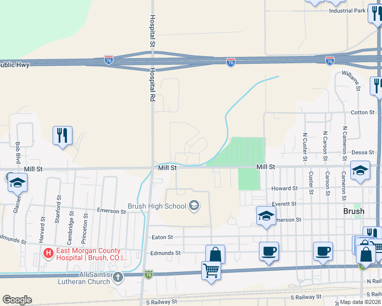 map of restaurants, bars, coffee shops, grocery stores, and more near 6 Pinneo Street in Brush