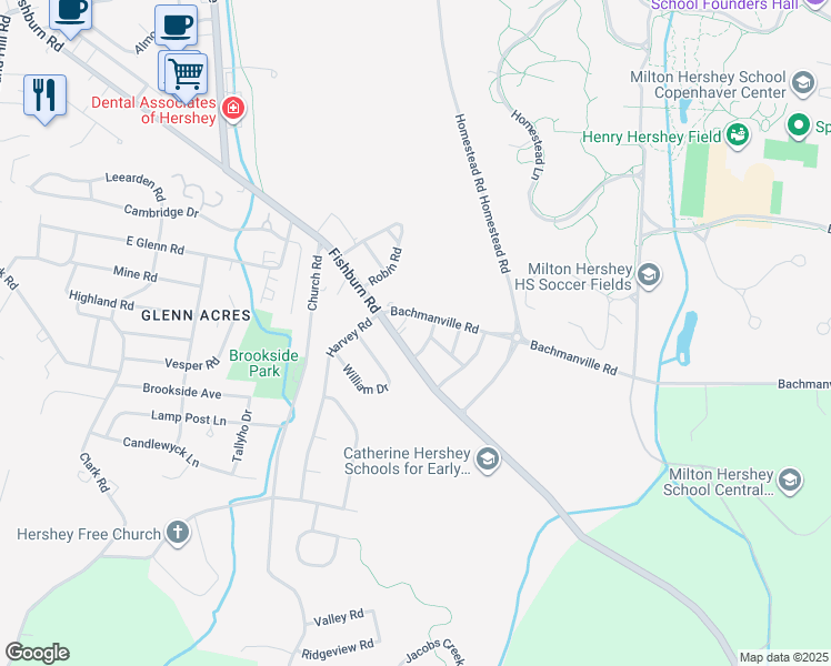 map of restaurants, bars, coffee shops, grocery stores, and more near 1501 Bachmanville Road in Hershey