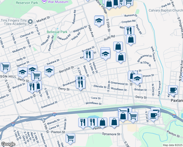 map of restaurants, bars, coffee shops, grocery stores, and more near 535 South 24th Street in Harrisburg