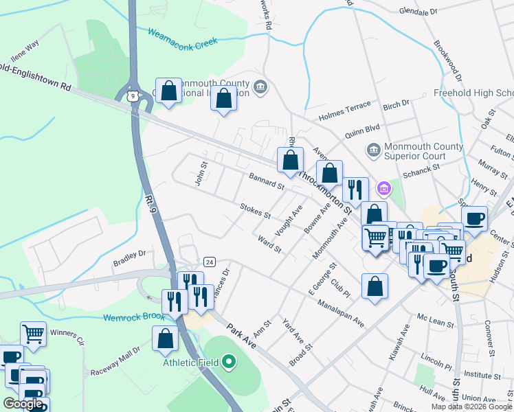 map of restaurants, bars, coffee shops, grocery stores, and more near 49 1/2 Stokes Street in Freehold