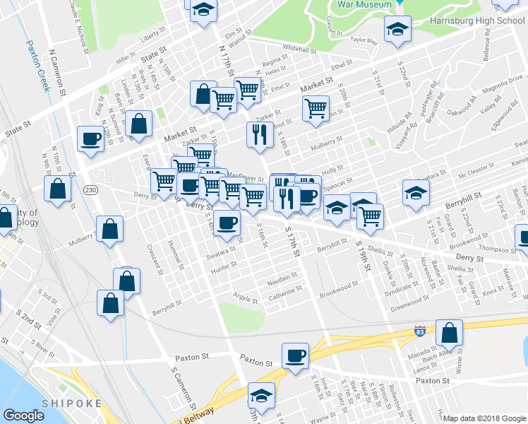 map of restaurants, bars, coffee shops, grocery stores, and more near 1602 Derry Street in Harrisburg