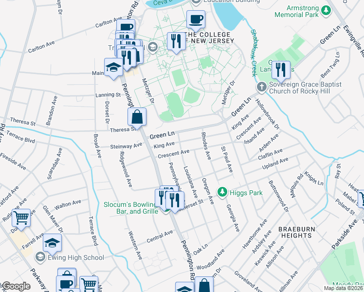 map of restaurants, bars, coffee shops, grocery stores, and more near 70 King Avenue in Trenton