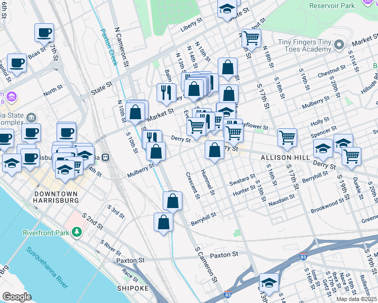 map of restaurants, bars, coffee shops, grocery stores, and more near 1223 Mulberry Street in Harrisburg