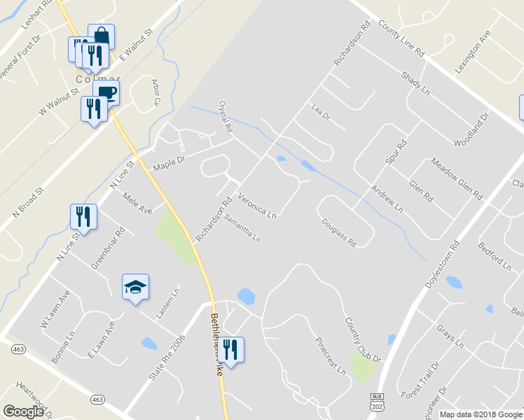 map of restaurants, bars, coffee shops, grocery stores, and more near 106 Veronica Lane in Lansdale