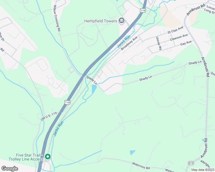 map of restaurants, bars, coffee shops, grocery stores, and more near 153 Shady Lane in Greensburg