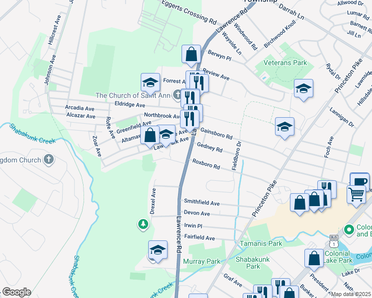 map of restaurants, bars, coffee shops, grocery stores, and more near 1083 Lawrence Road in Lawrence Township