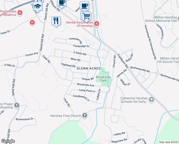 map of restaurants, bars, coffee shops, grocery stores, and more near 421 Carlton Road in Hershey