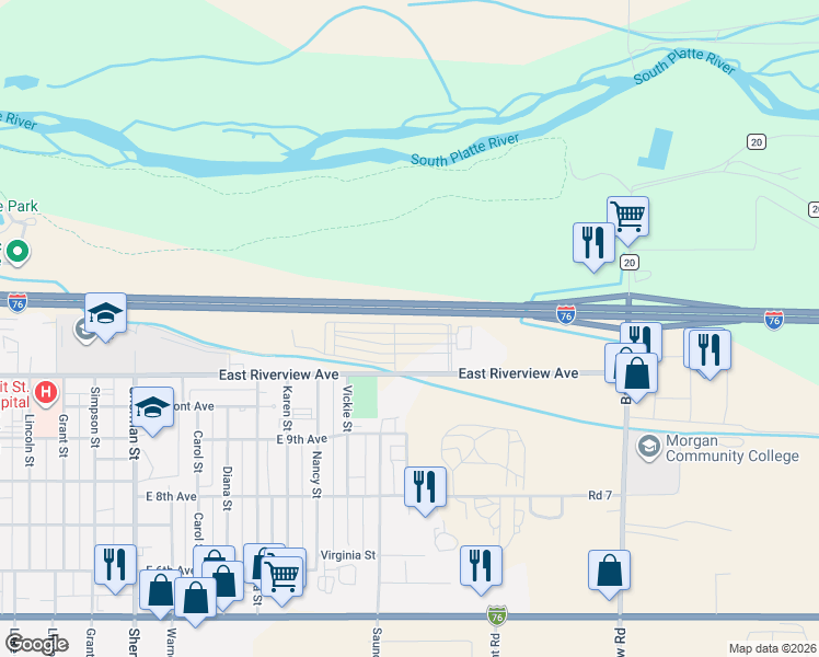map of restaurants, bars, coffee shops, grocery stores, and more near 1530 Ouray Avenue in Fort Morgan