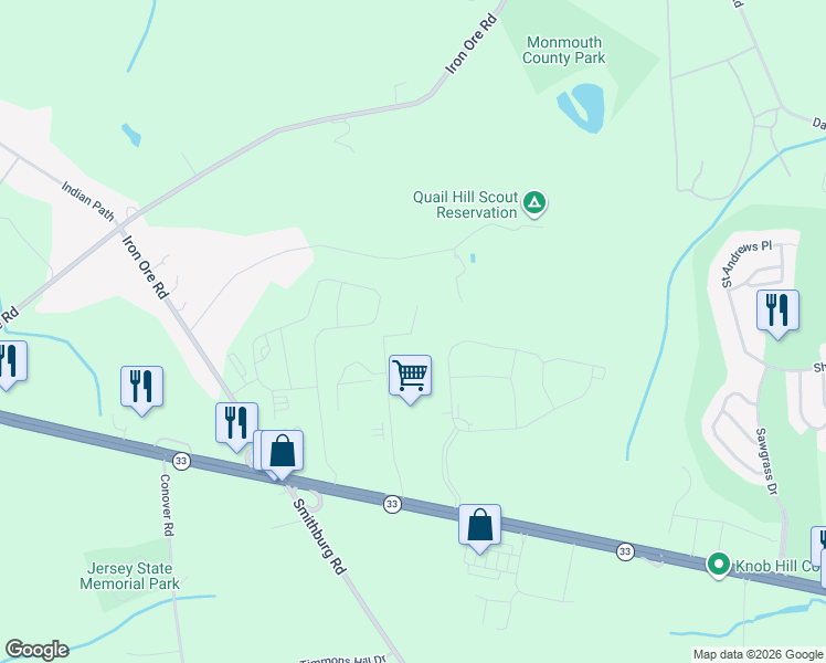 map of restaurants, bars, coffee shops, grocery stores, and more near 610 Madison Avenue in Manalapan Township