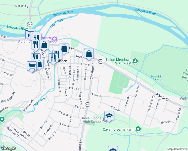 map of restaurants, bars, coffee shops, grocery stores, and more near 143 Chestnut Street in Birdsboro
