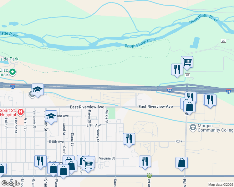 map of restaurants, bars, coffee shops, grocery stores, and more near 1530 Ouray Avenue in Fort Morgan