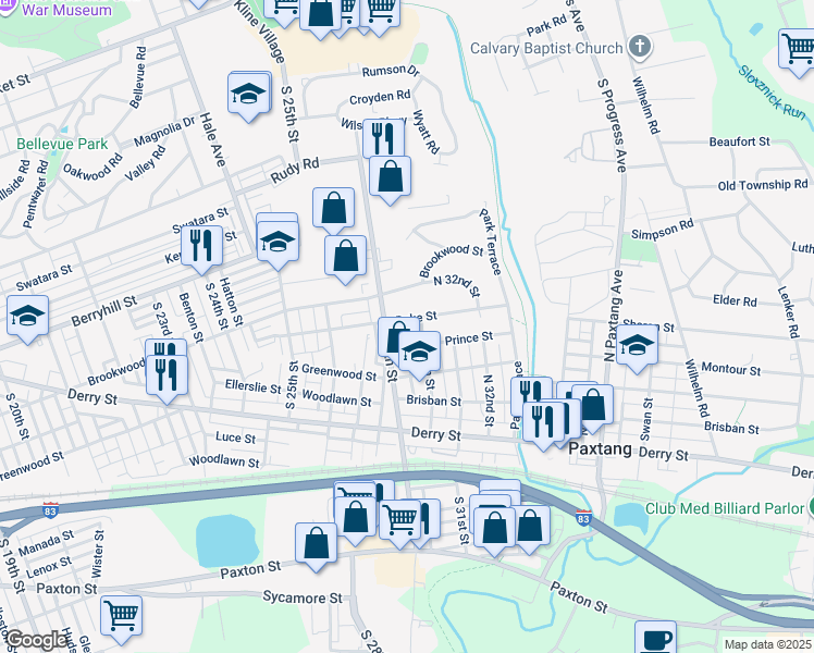 map of restaurants, bars, coffee shops, grocery stores, and more near 2909 Duke Street in Harrisburg