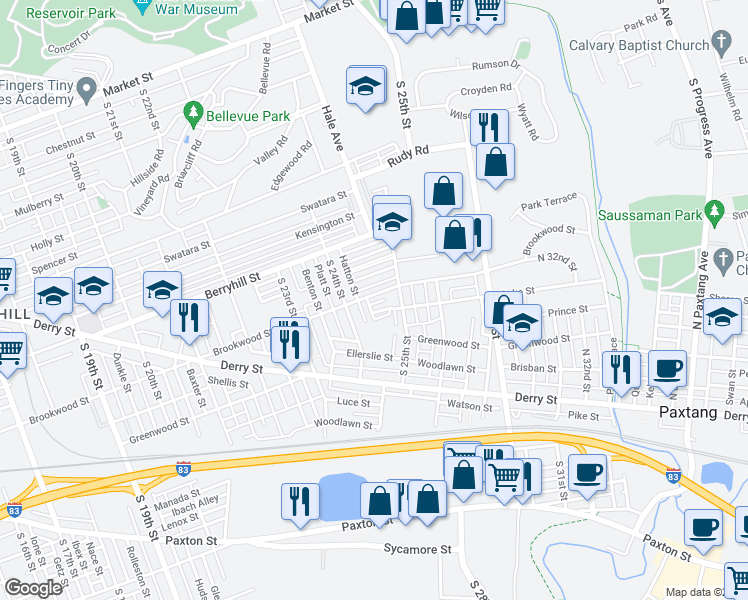 map of restaurants, bars, coffee shops, grocery stores, and more near 2435 Brookwood Street in Harrisburg