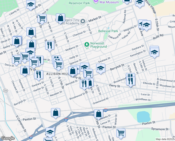 map of restaurants, bars, coffee shops, grocery stores, and more near 1945 Swatara Street in Harrisburg