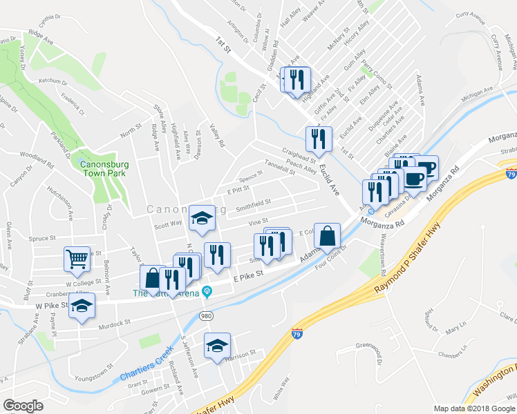map of restaurants, bars, coffee shops, grocery stores, and more near 200 Smithfield Street in Canonsburg