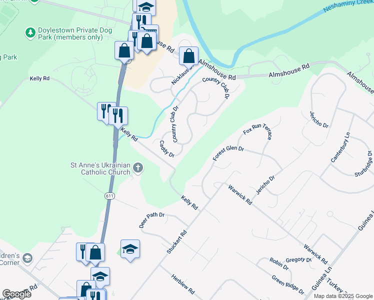 map of restaurants, bars, coffee shops, grocery stores, and more near 2063 Country Club Drive in Doylestown
