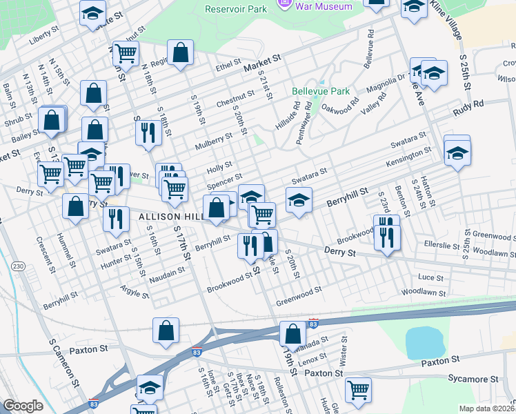 map of restaurants, bars, coffee shops, grocery stores, and more near 1945 Swatara Street in Harrisburg