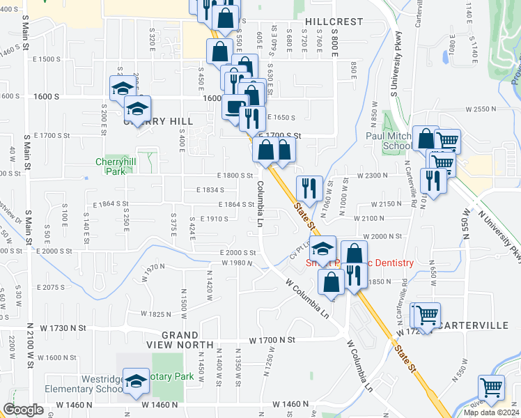 map of restaurants, bars, coffee shops, grocery stores, and more near 1882 South Columbia Lane in Orem
