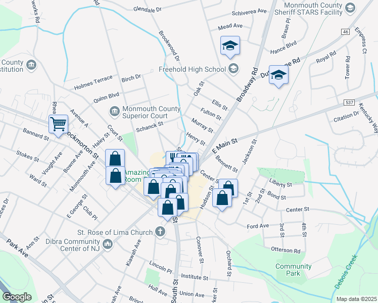 map of restaurants, bars, coffee shops, grocery stores, and more near 9 Spring Terrace in Freehold