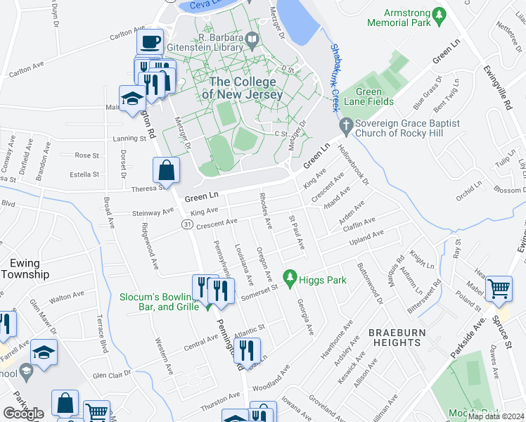 map of restaurants, bars, coffee shops, grocery stores, and more near 96 Crescent Avenue in Trenton