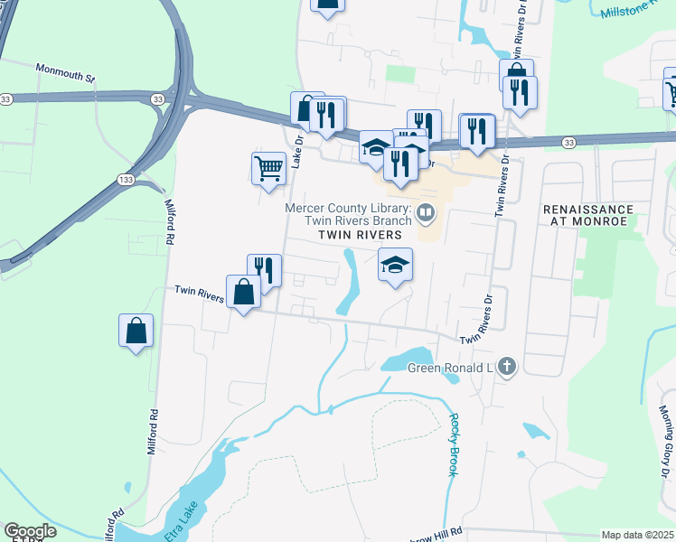 map of restaurants, bars, coffee shops, grocery stores, and more near 59 Dennison Drive in East Windsor