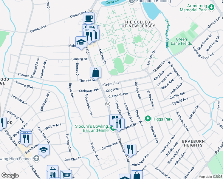 map of restaurants, bars, coffee shops, grocery stores, and more near 32 King Avenue in Ewing Township
