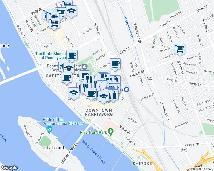 map of restaurants, bars, coffee shops, grocery stores, and more near 403 Walnut Street in Harrisburg