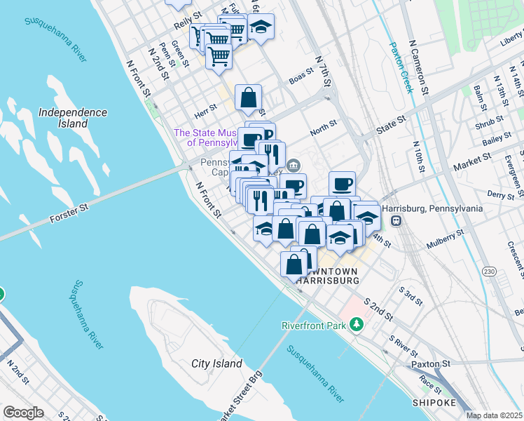 map of restaurants, bars, coffee shops, grocery stores, and more near 218 South Street in Harrisburg